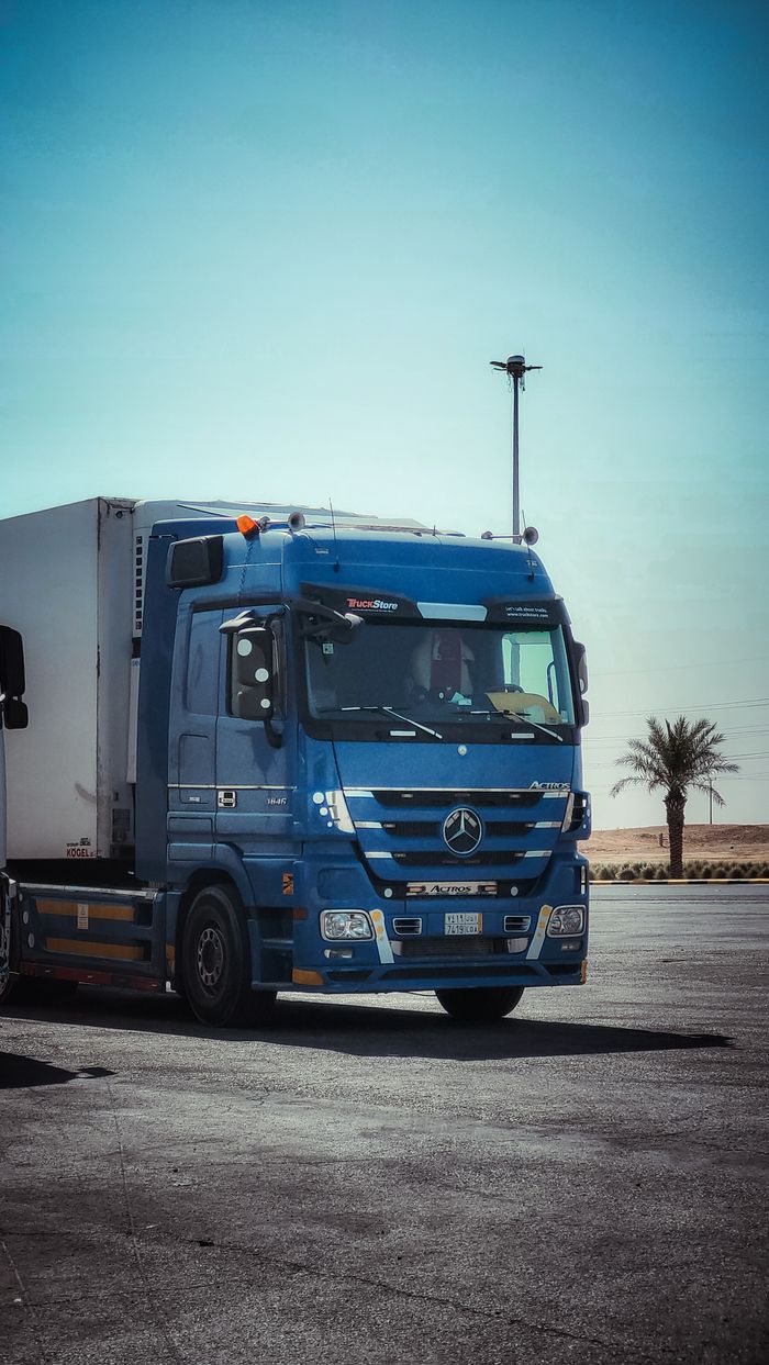 Services A blue freight truck parked on a sunny desert highway with a palm tree backdrop.